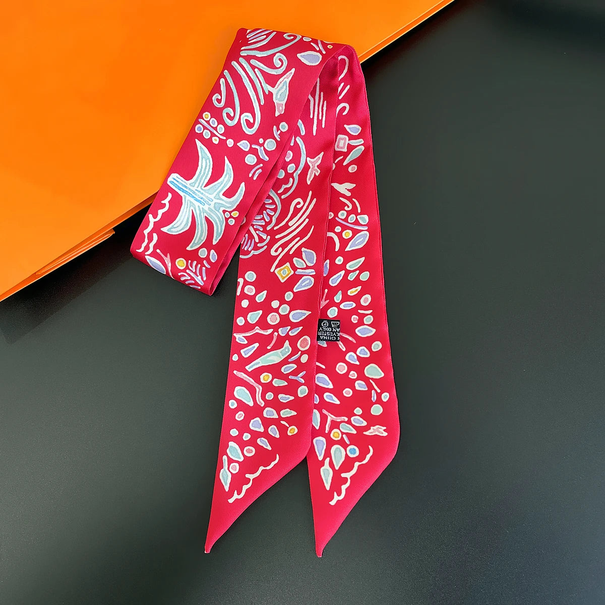 Colorful Printed Skinny Ribbon Scarf with Tie Ends