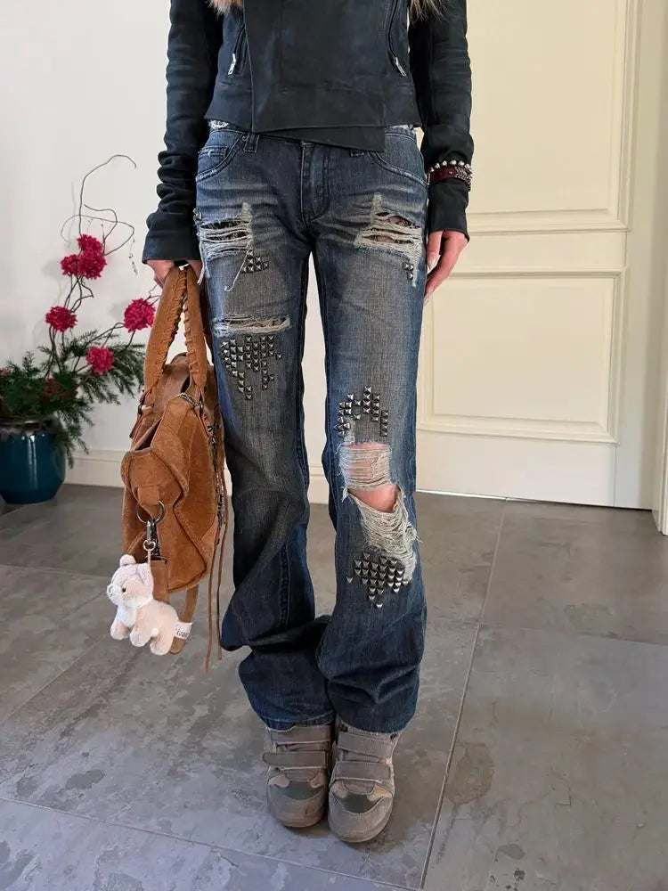 Women's Rivet Distressed Flared Leg Denim Jeans For Everyday Outfits