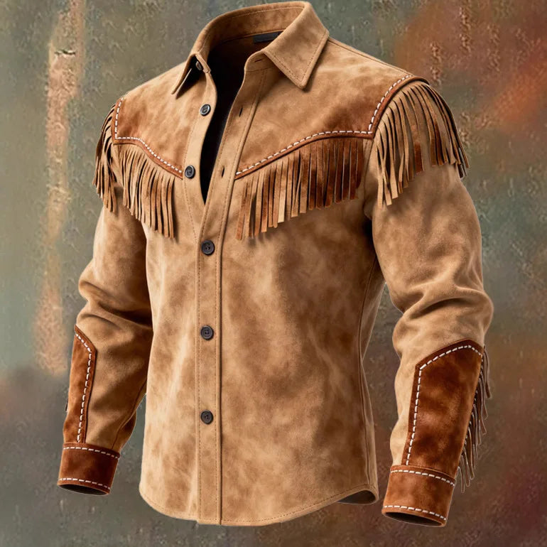 Men's Suede-Look Fringed Button-Front Long-Sleeve Jacket