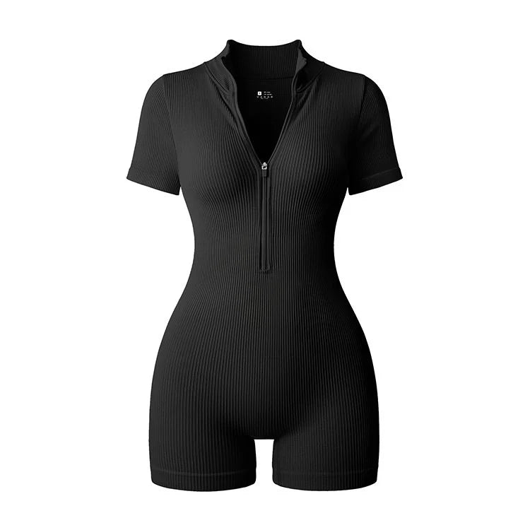 Women's Short Sleeve Nylon Blend Romper with Collar and Front Zip