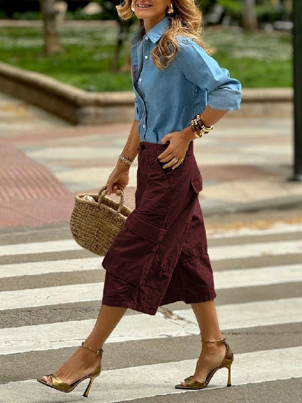 Women's Wide Leg Cropped Cargo Pants with Button Waist and Pockets
