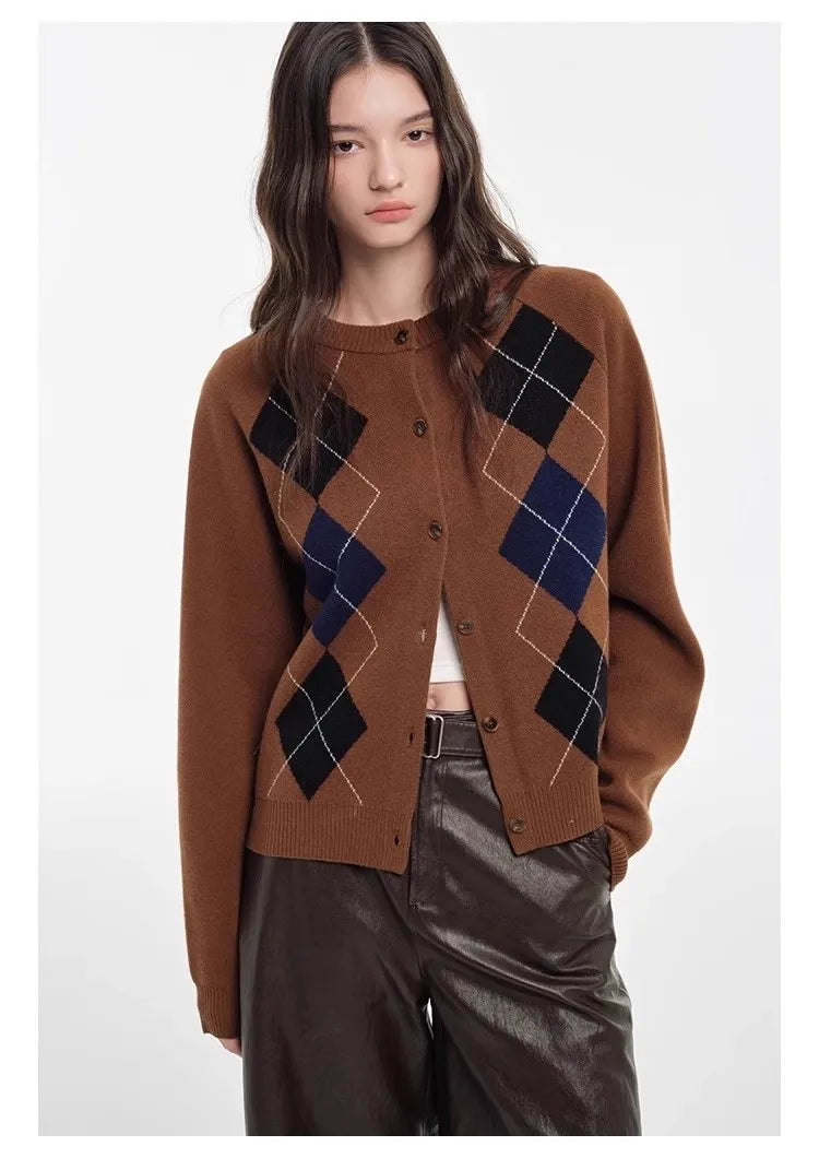 Autumn diamond-shaped cardigan women 100 pure cashmere sweater European high-end color-blocking knitted sweater coat