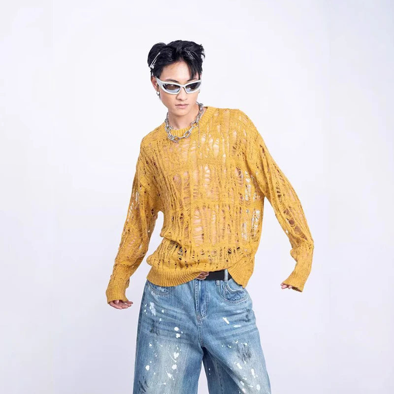 Men's Distressed Openwork Crew Neck Sweater