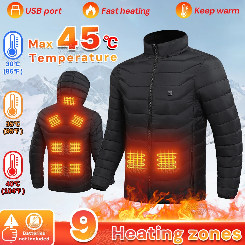 USB Heated Hooded Full Zip Long Sleeve Outdoor Jacket
