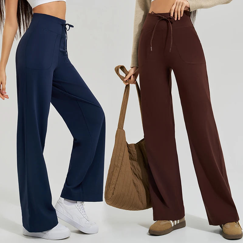 Women's Drawstring Waist Nylon Blend Wide Leg Workout Pants with Pockets