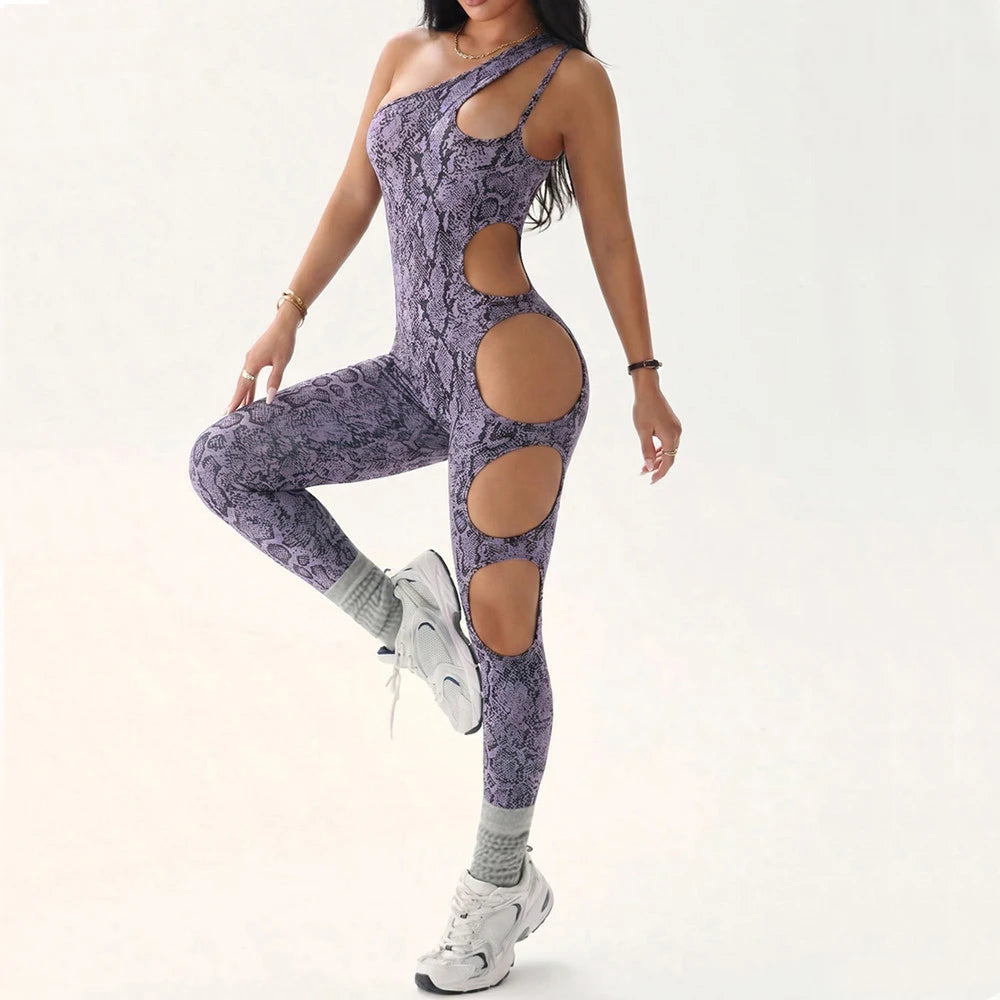 Women's Snakeskin Print Cutout Workout Jumpsuit with Crossed Back Straps