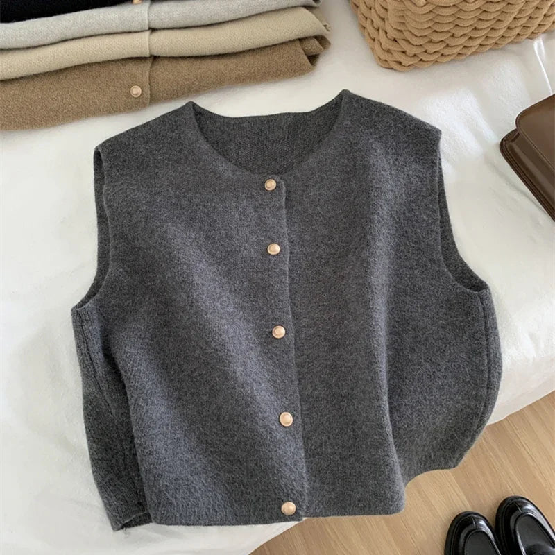 Women's Sleeveless Crew Neck Button Front Vest Casual Knit Layer