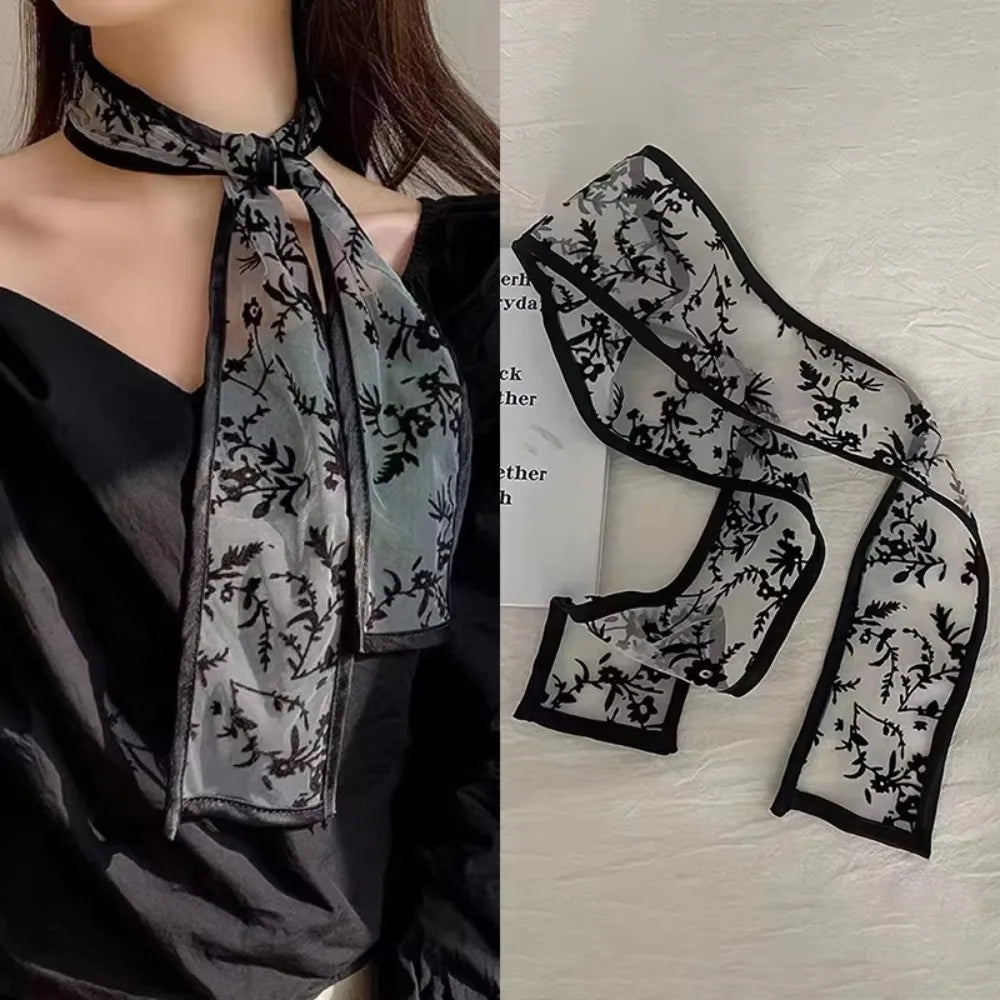 Floral Lace Ribbon Scarf with Sheer Decorative Texture