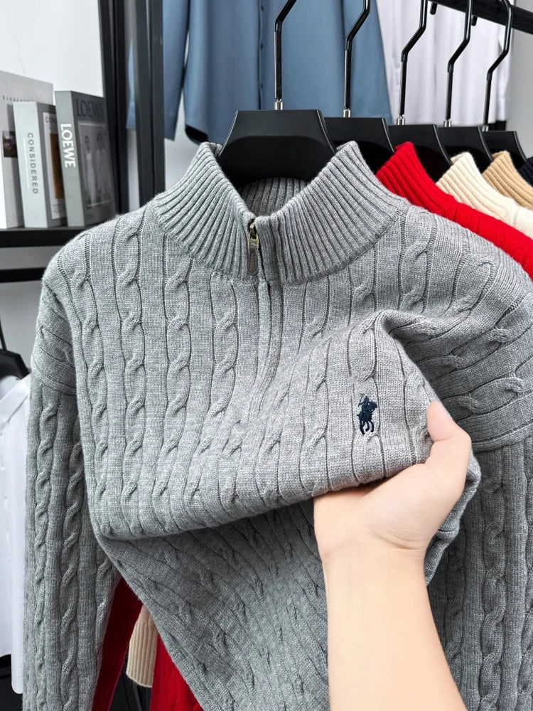 Men's Embroidered Cable Knit Quarter Zip Sweater
