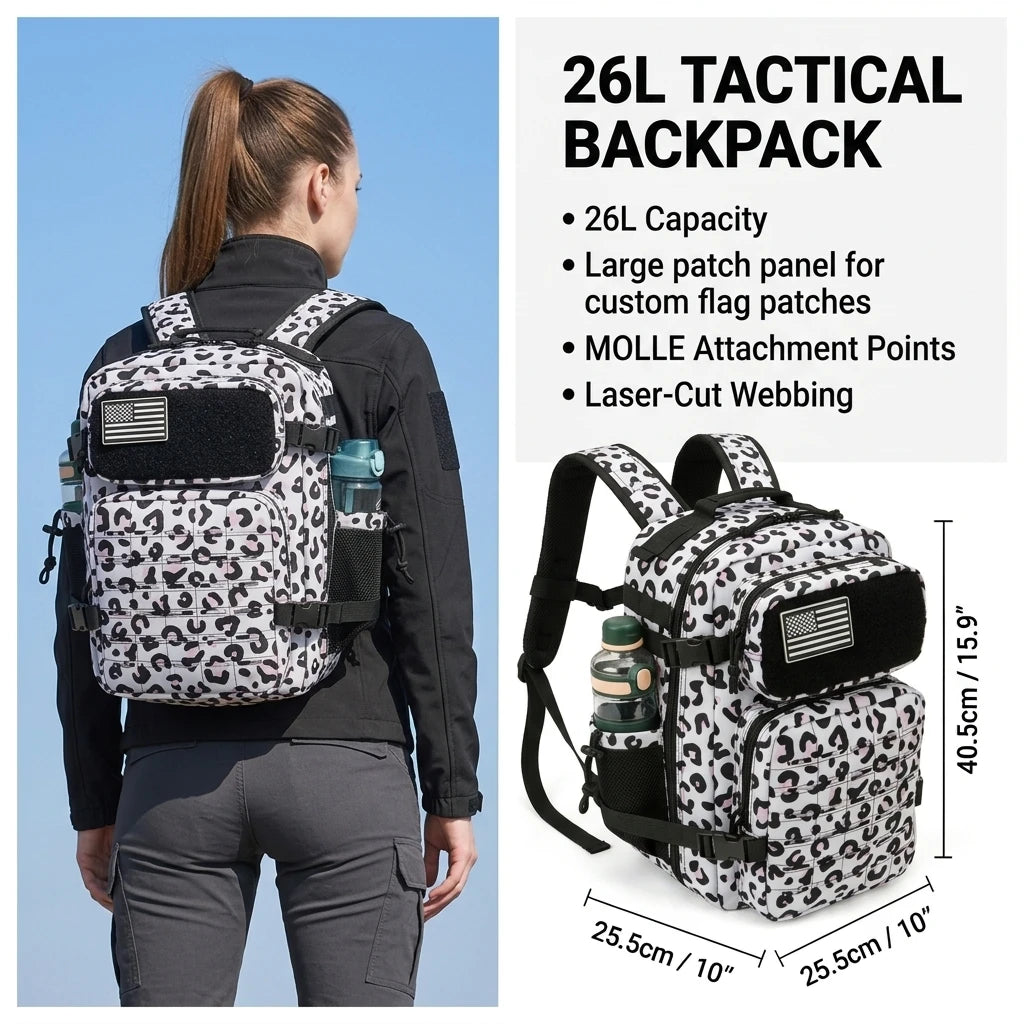Tactical Travel Backpack with Front Webbing Panels and Side Bottle Pockets