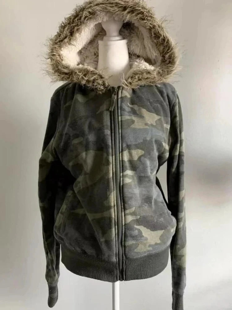 Fluffy Trim Long Sleeve Full Zip Casual Hoodie