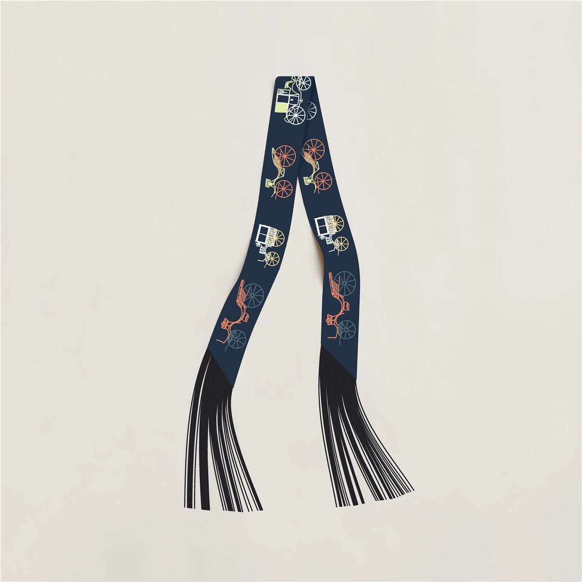 Printed Narrow Ribbon Scarf with Decorative Fringed Ends