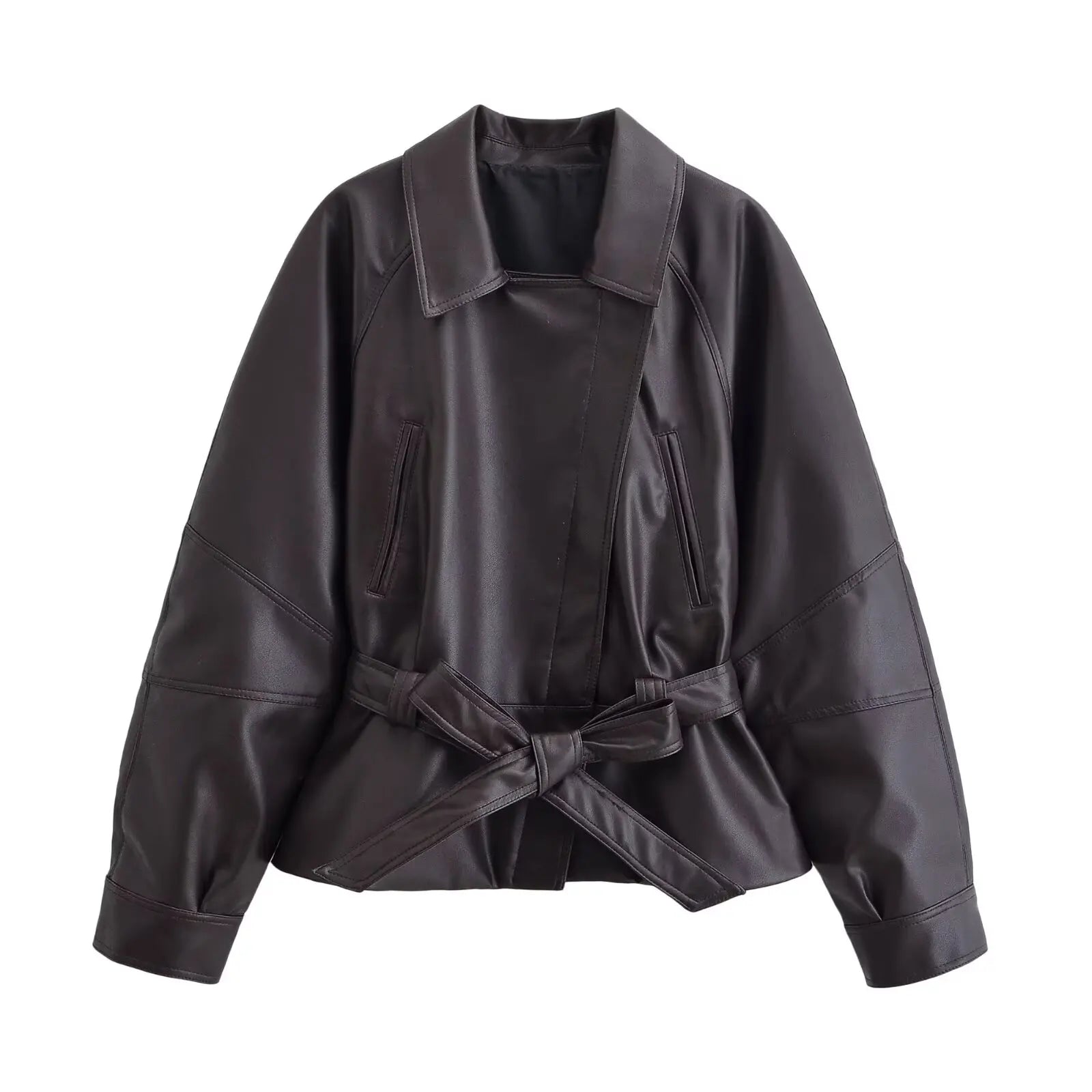 Women's Belted Faux Leather Lapel Jacket for Layered Outfits