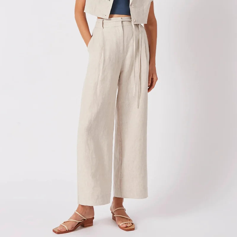 Women's Linen High-Waist Wide-Leg Pants with Tie Detail for Casual Everyday Outfits