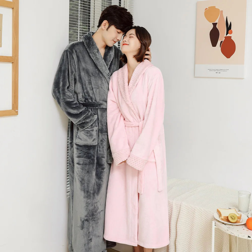 Fleece Lapel Collar Long Sleeve Tie Waist Homewear Bathrobe