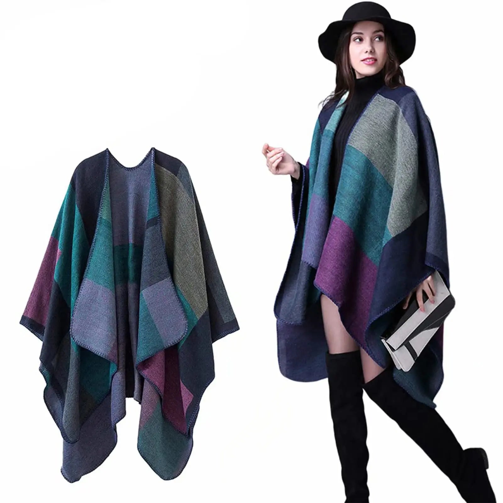 Block Plaid Open Front Poncho for Layering over Outfits