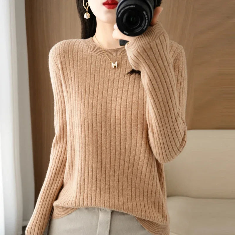 Women's Ribbed Crew Neck Long Sleeve Sweater Casual Knit Layer