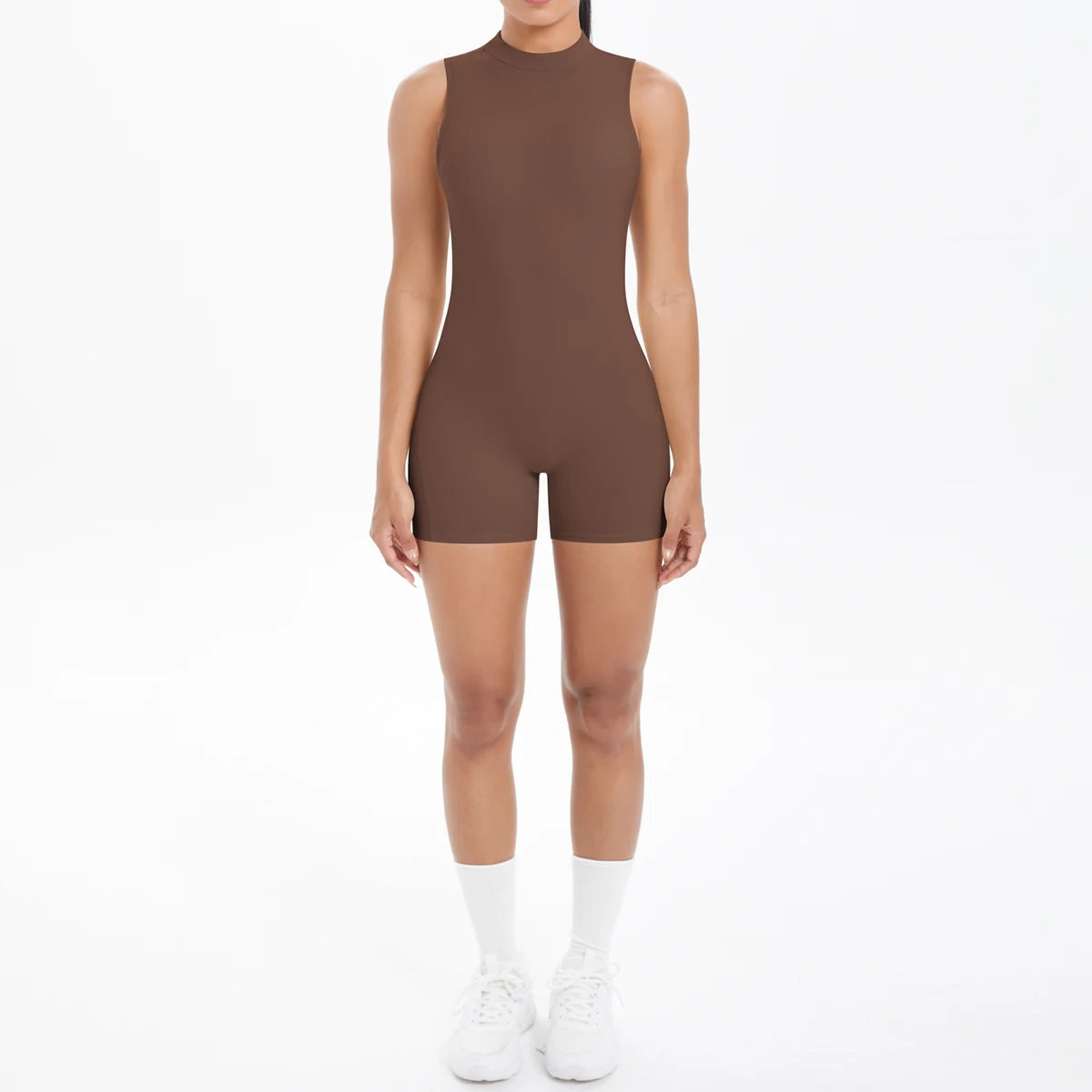 Women's High Neck Nylon Blend Workout Romper with Open Back and Short Legs