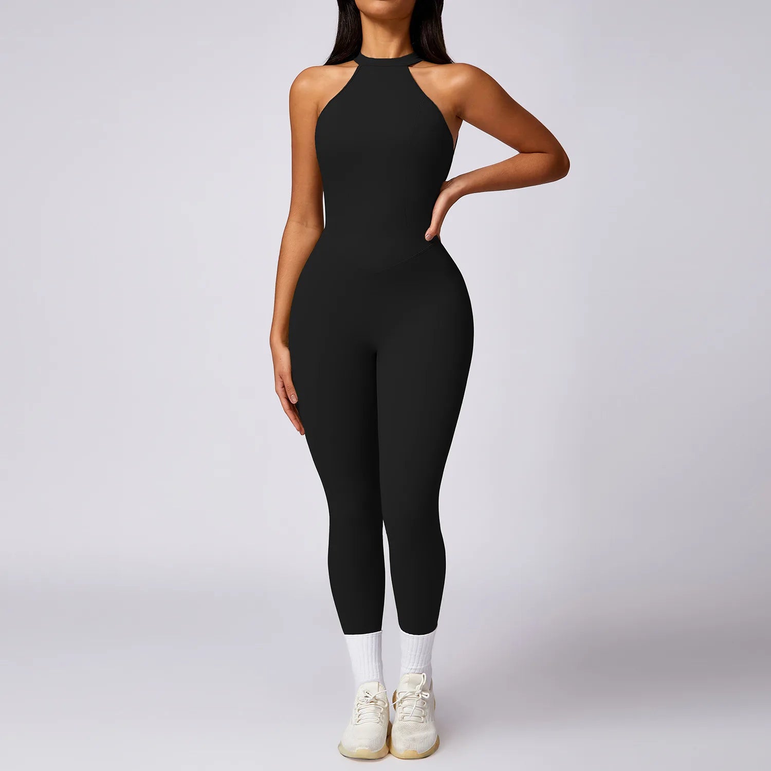 Women's Halter Neck Nylon Blend Workout Jumpsuit with Low V Back
