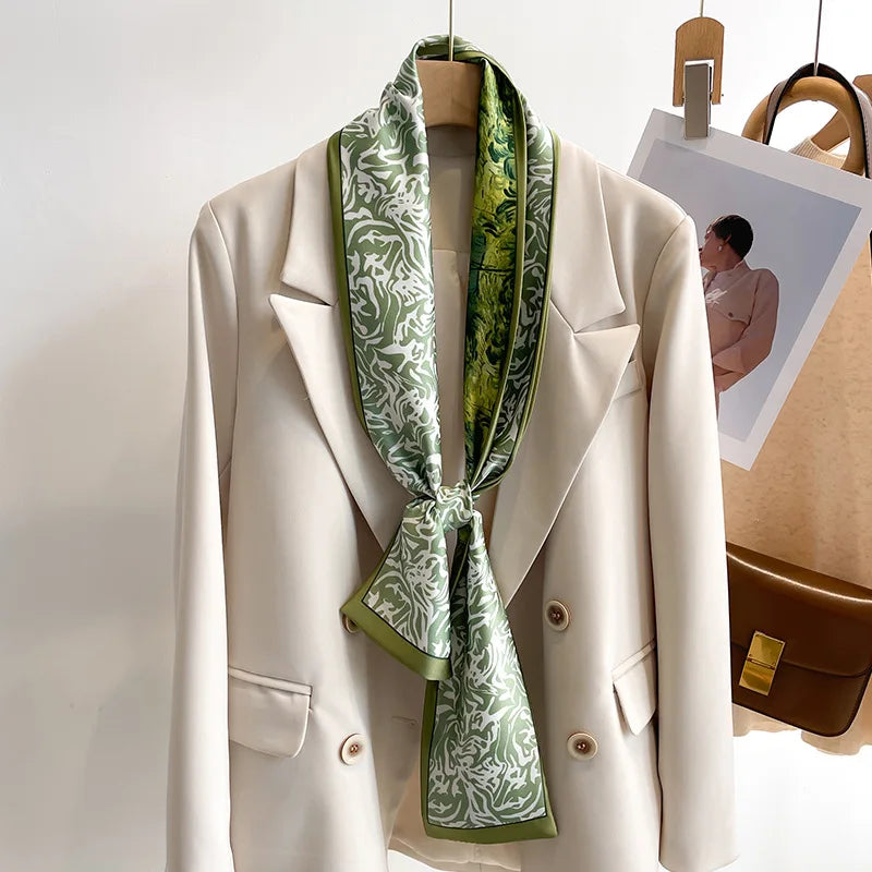 Printed Long Narrow Scarf with Decorative Ribbon Shape
