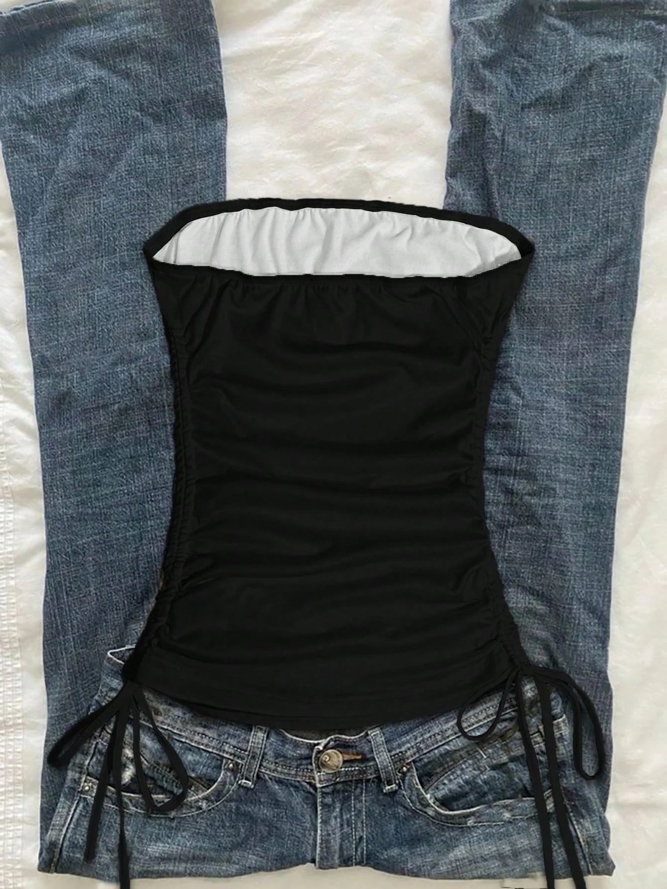 Women's Retro Graphic Strapless Crop Top with Side Drawstring Details