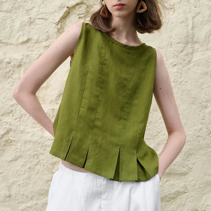 Women's Linen-Viscose Sleeveless Tank Top with Pleated Hem for Casual Summer Outfits