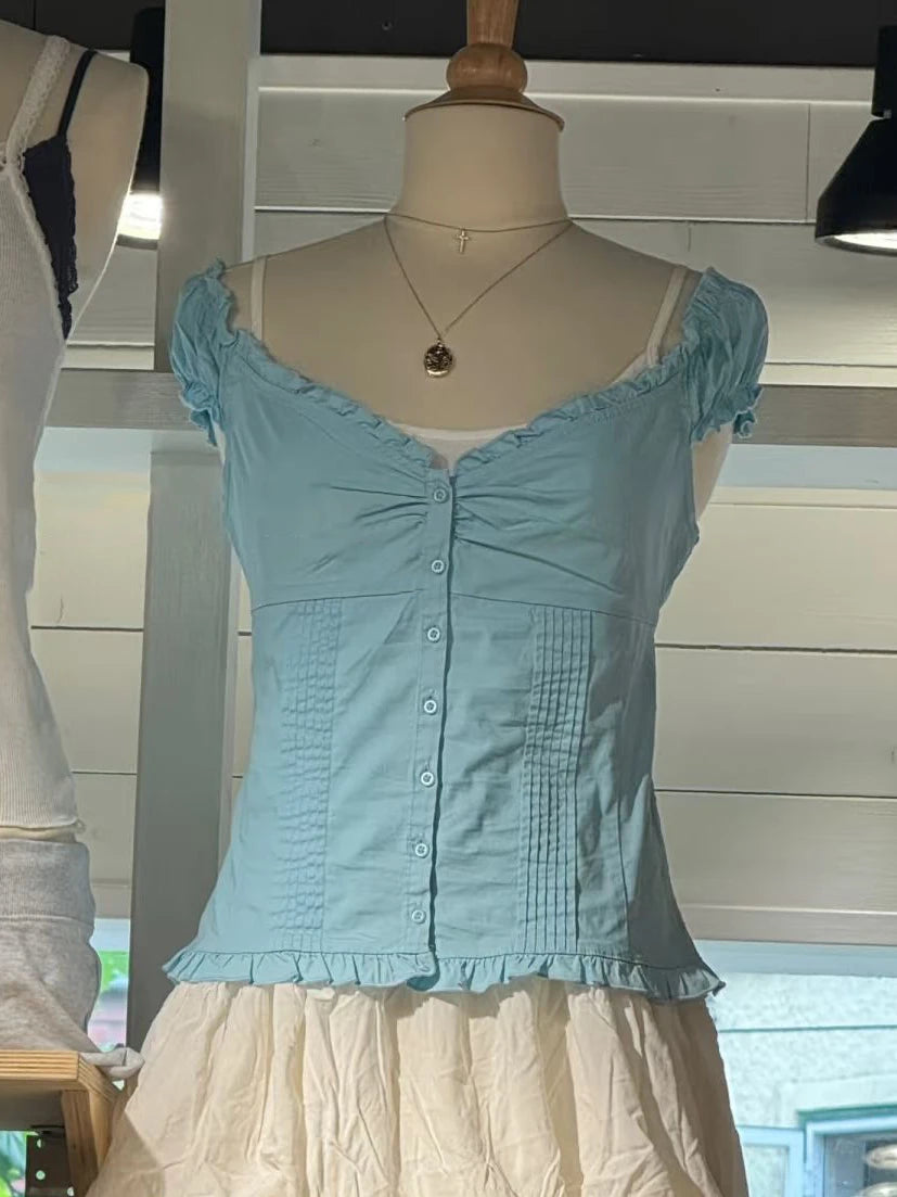 Women's Ruffled Cotton Sleeveless Blouse with Button Front and Mixed Pattern Options
