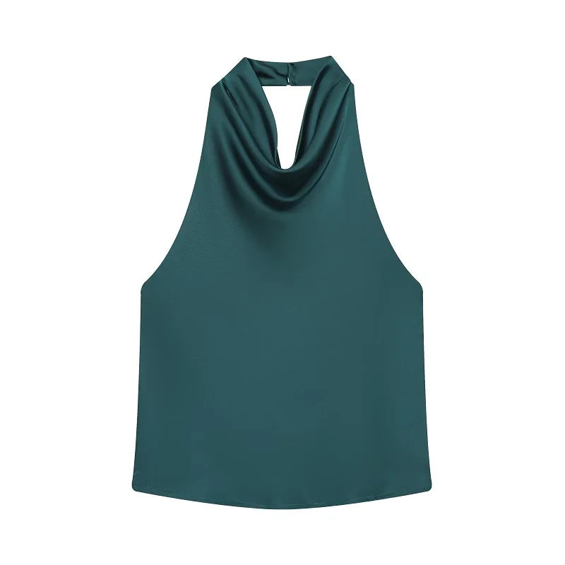Women's Satin Polyester Halter Camisole with an Open Back and Draped Front