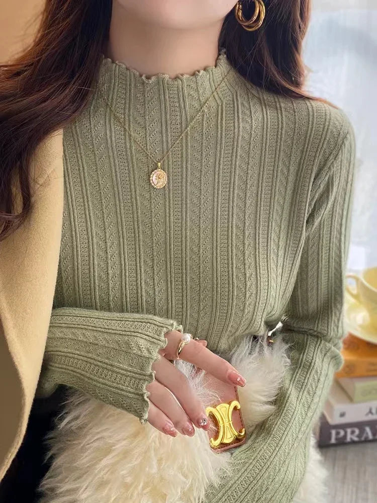 Women's Lettuce Trim Mock Neck Ribbed Sweater Casual Knit Layer