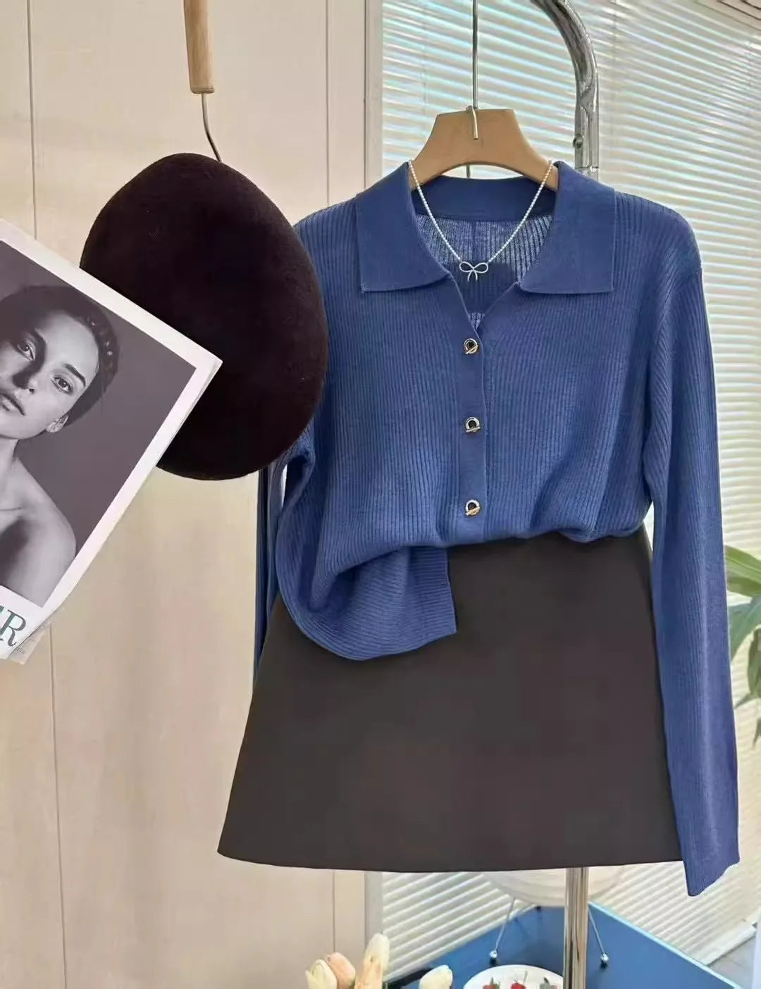 POLO lapel cashmere knit cardigan women's spring and autumn thin loose sweater short wool coat