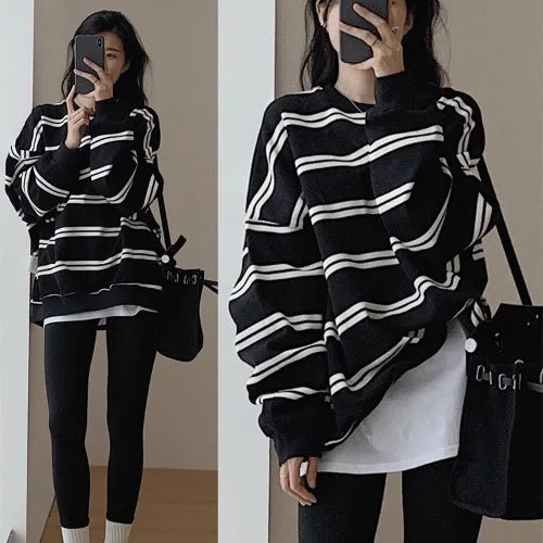 Striped Long Sleeve Pullover Casual Sweatshirt for Layering