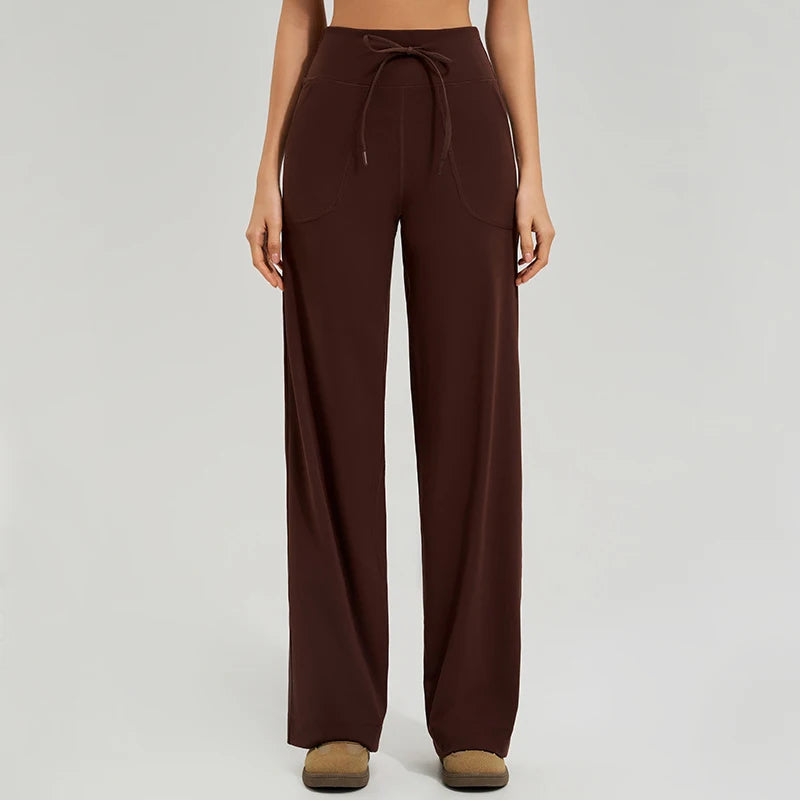 Women's Drawstring Waist Nylon Blend Wide Leg Pants for Yoga Practice