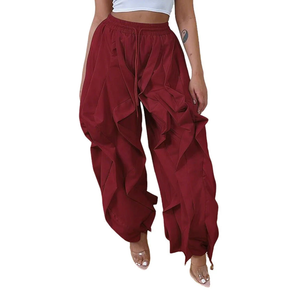 Women's Ruched Cargo Pants with Drawstring Waist and Gathered Cuffs