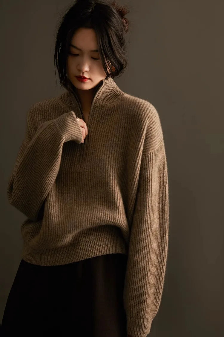 100% pure cashmere sweater women's half zip stand collar thick loose lapel pullover sweater