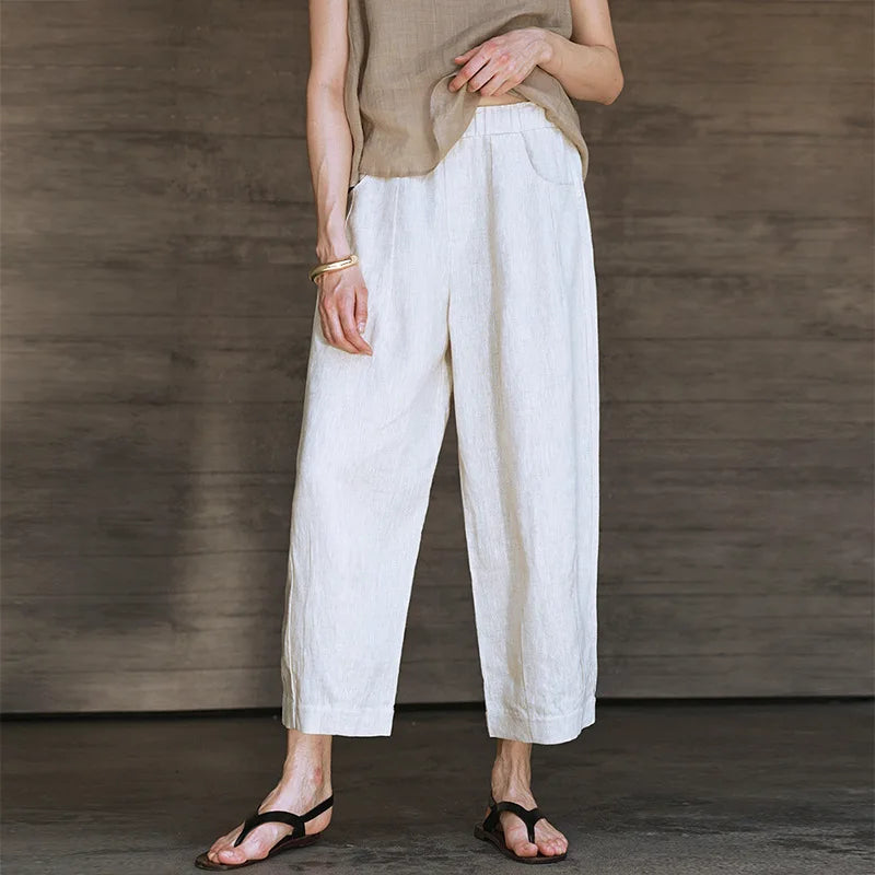 Women's Linen Loose Straight-Leg Ankle-Length Pants with Elastic Waist and Practical Pockets