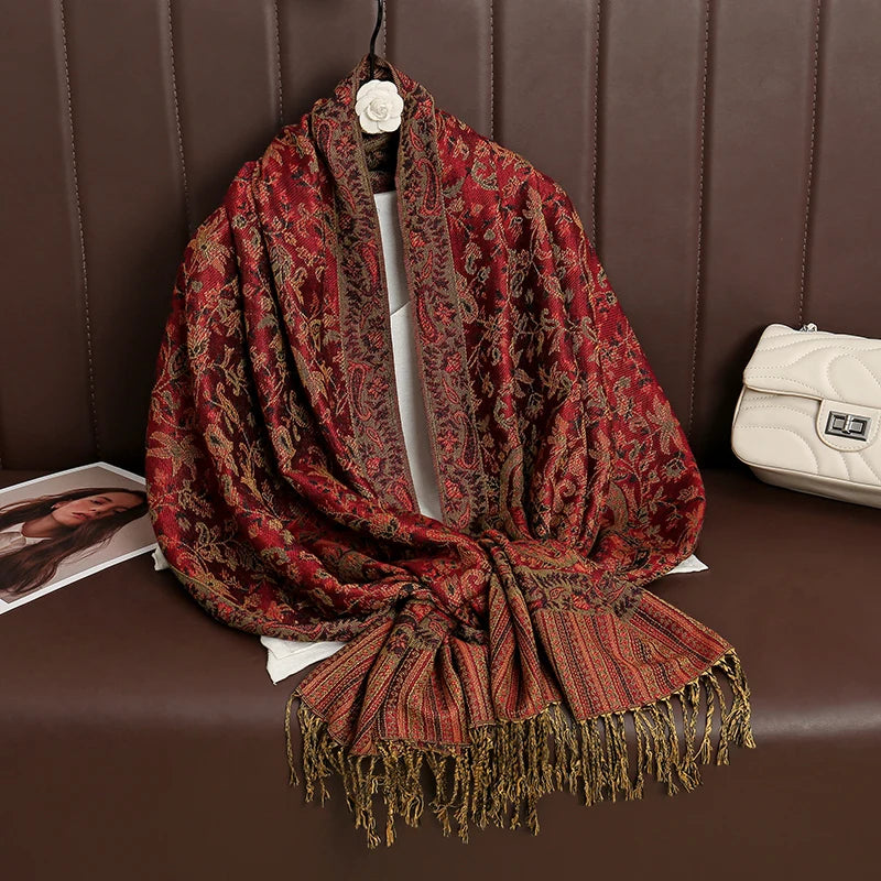 Paisley Floral Print Long Scarf with Fringed Ends