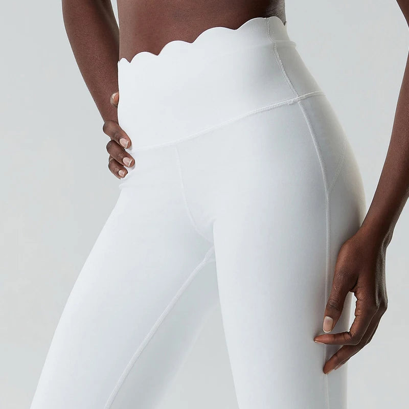 Women's High Waist Nylon Blend Flared Pants with Scalloped Waistband Edge