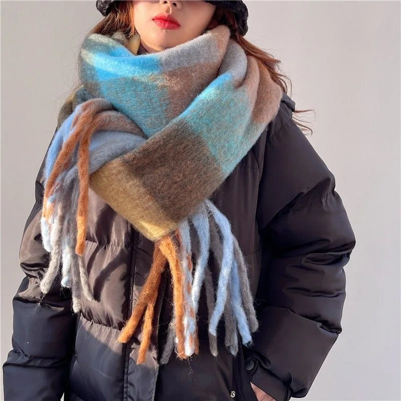 Multicolor Plaid Scarf with Long Shape and Fringed Ends