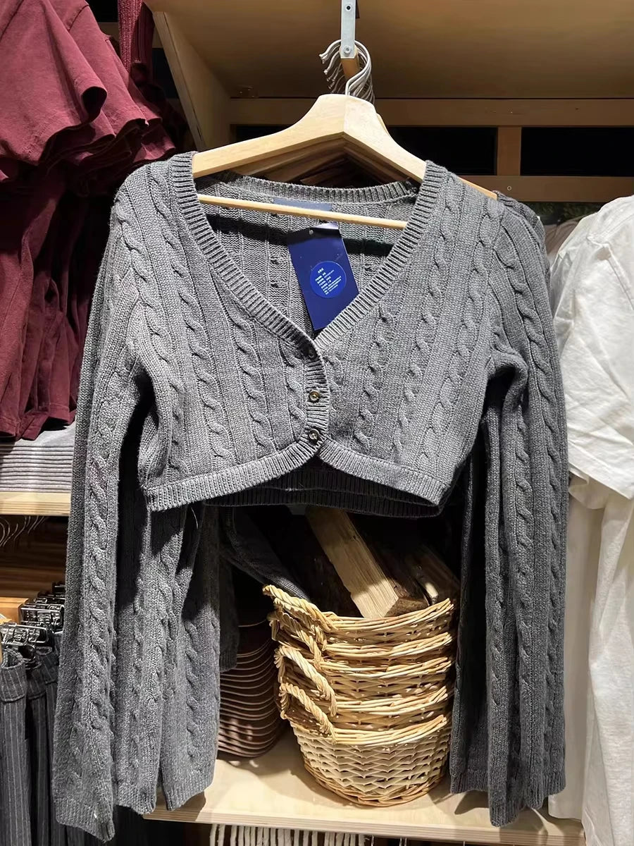Women's Cropped V Neck Button Front Cardigan Casual Knit Layer
