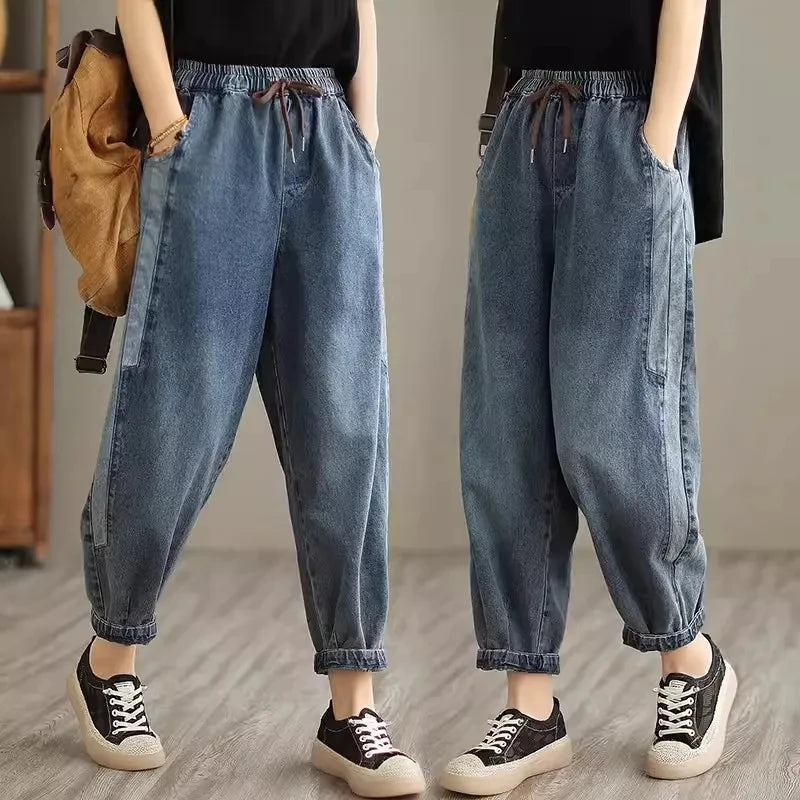 Women's Drawstring Elastic Waist Cropped Cuffed Denim Jeans