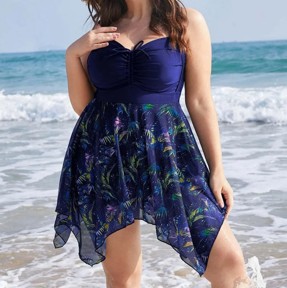Women's Ruched Bust Printed Handkerchief Hem Skirted Swimdress