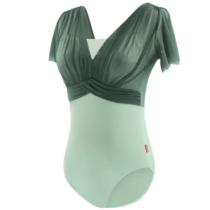Women's Short Sleeve Ballet Leotard with Pleated Bodice and Contrast Panels