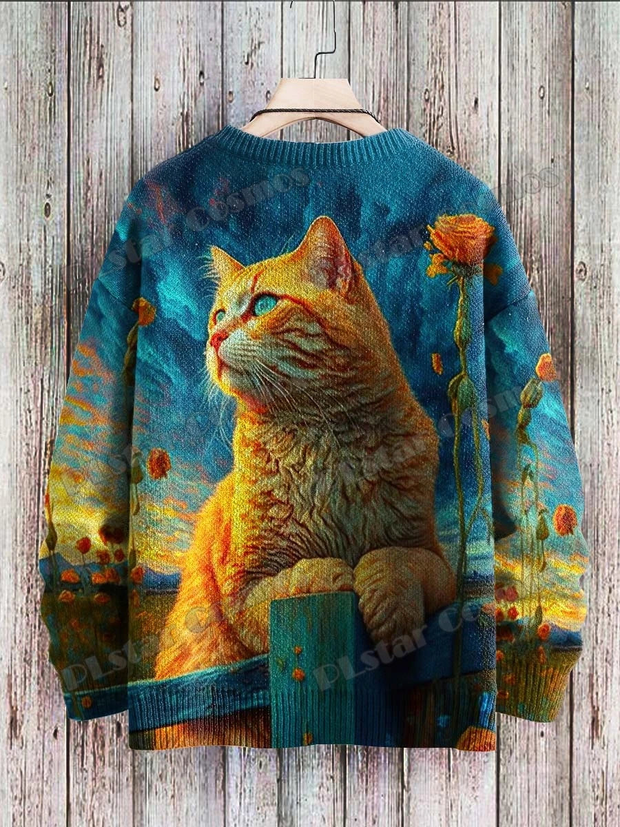 Men's Cat Print Crew Neck Long Sleeve Sweater