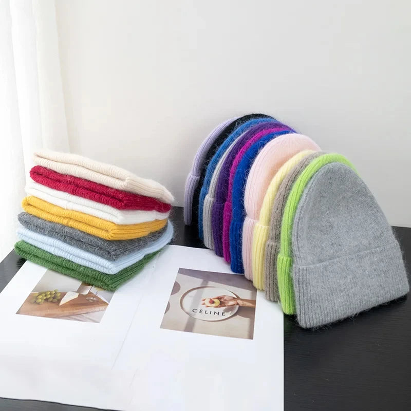 Solid Ribbed Knit Beanie with Folded Cuff Styling