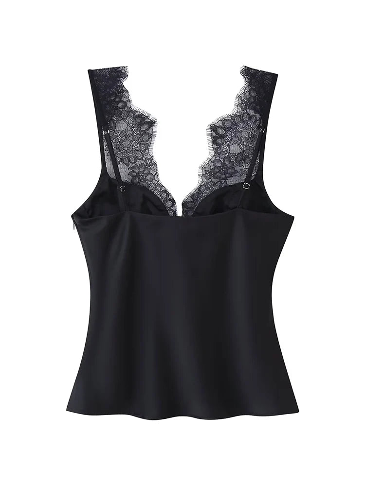 Women's Lace Neckline Polyester Camisole with Wide Straps and Shaped Bust