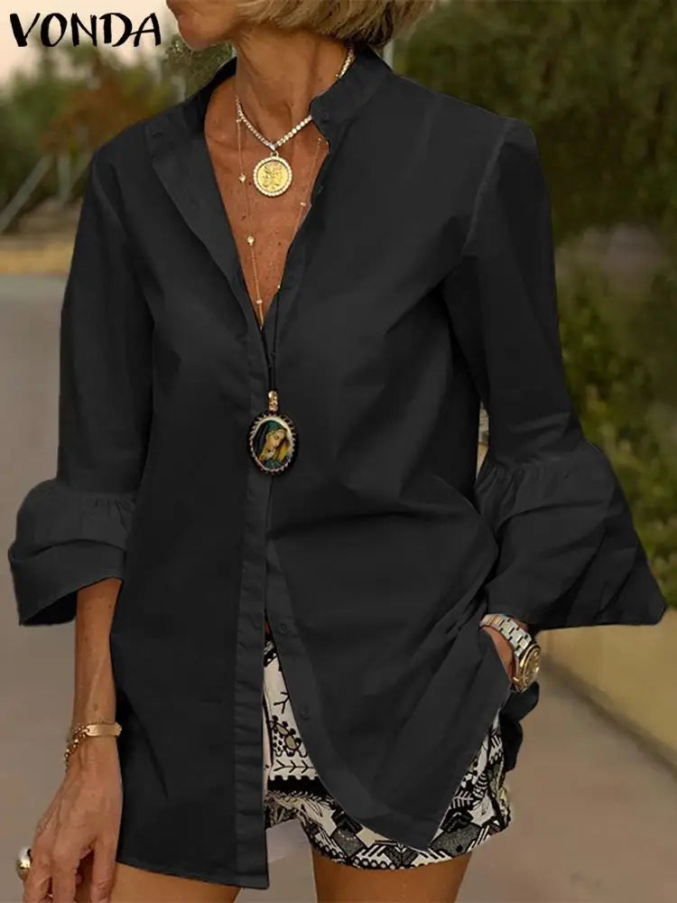 Women's Split Neck Blouse with Flared Three Quarter Sleeves