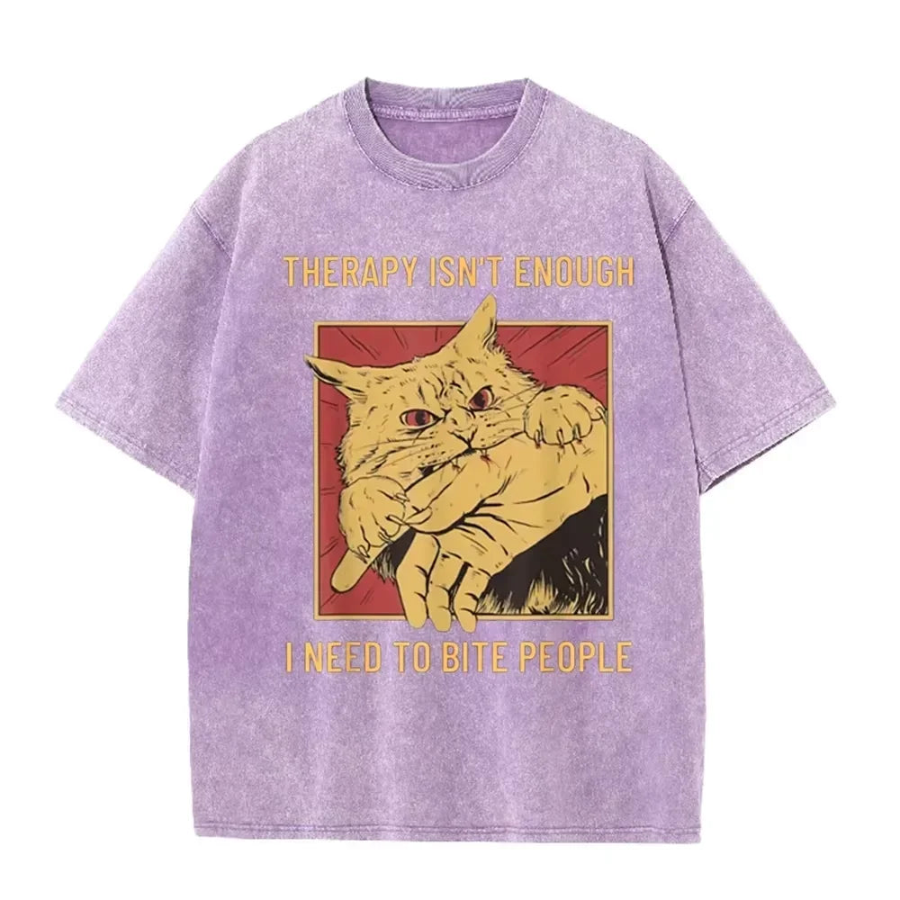 Funny Cat Bite Hand herapy Isn't Enough Print Vintage Washed Black T Shirt