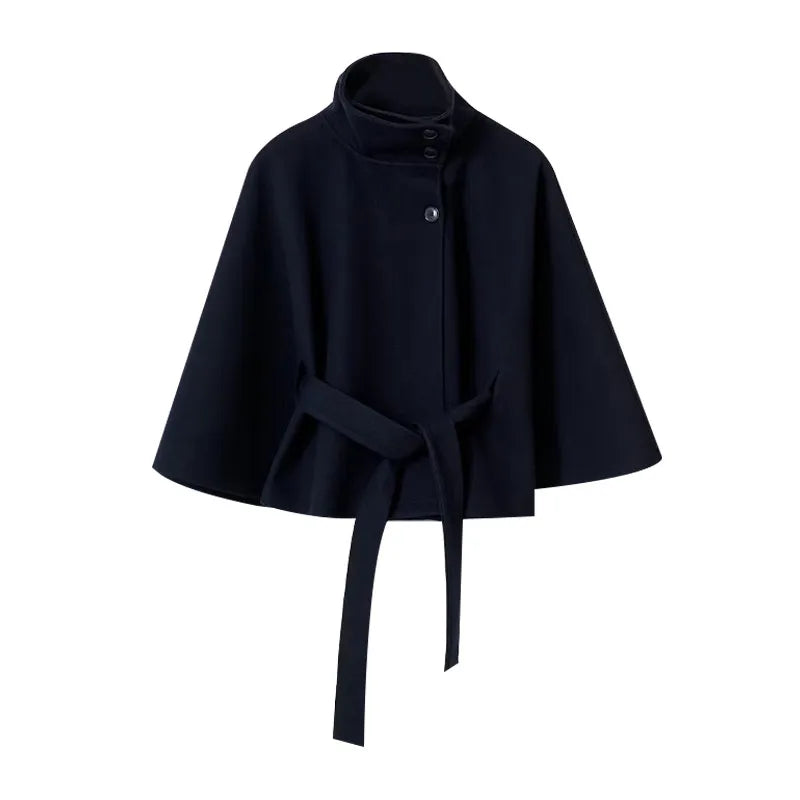 Belted Button Stand Collar Cape for Layering over Outfits