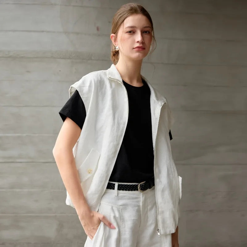 Women's Linen Sleeveless Collared Zip-Up Vest with Pockets for Casual Layered Outfits