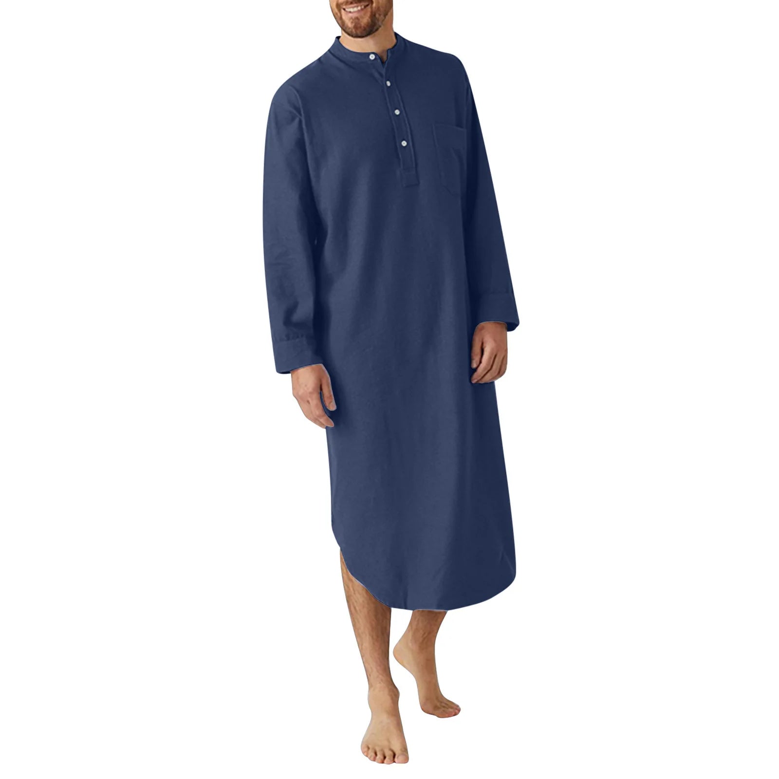 Men's Solid Stand Collar Long Sleeve Button Front Sleep Nightdress